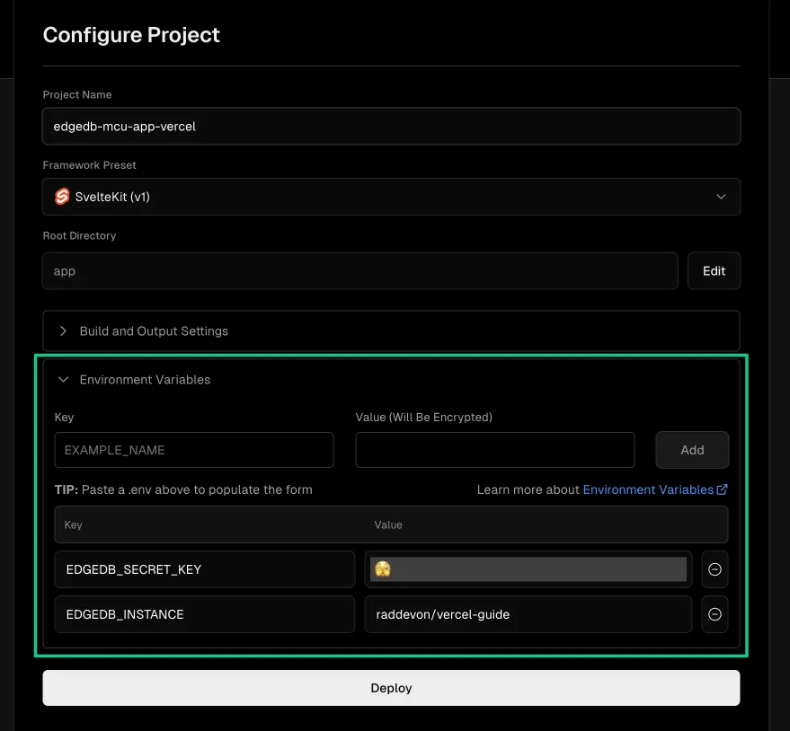 A screenshot of the Vercel deployment configuration view highlighting
the environment variables section where a user will need to set the
necessary variables for |Gel| Cloud instance connection.