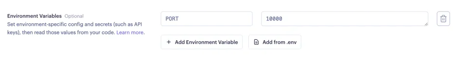 A screenshot of the Render deployment configuration view
highlighting the environment variables section where a user
will need to set the necessary variables for Gel Cloud instance
connection.