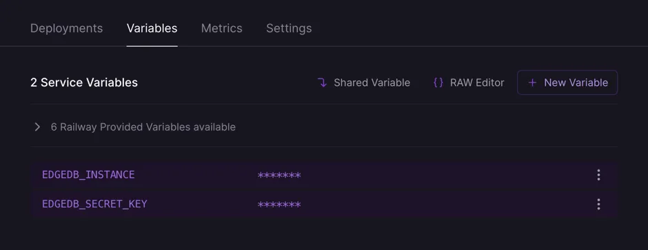 A screenshot of the Railway deployment configuration view
highlighting the environment variables section where a user will
need to set the necessary variables for Gel Cloud instance
connection.