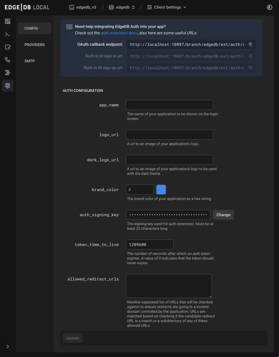 The Gel local development server UI highlighting the auth admin
icon in the left-hand toolbar. The icon is two nested shield
outlines, the inner being a light pink color and the outer being
a light blue when selected.