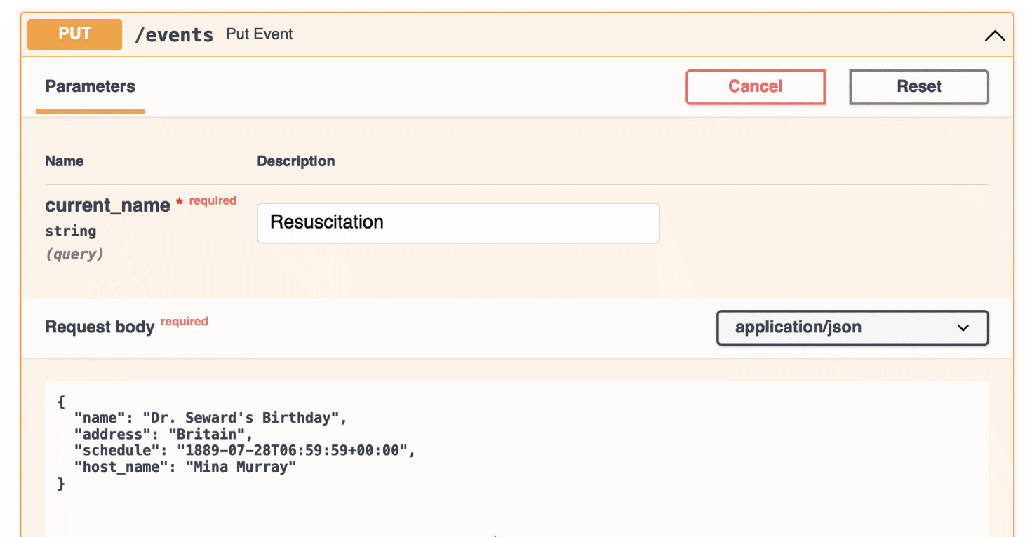FastAPI docs PUT events API